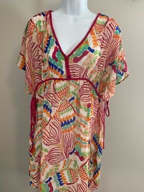 NWT New In by Very J Multicolor Printed V-Neck Tunic with Fuchsia Trim